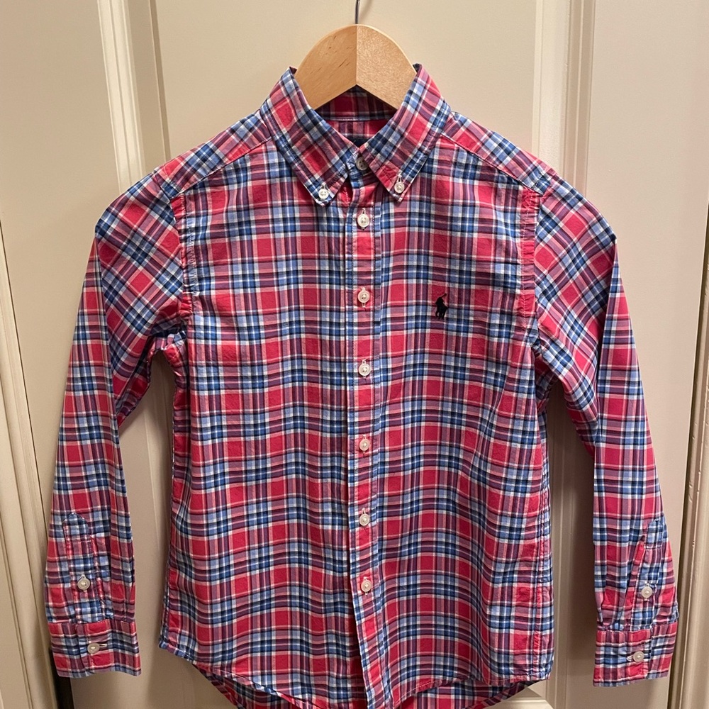 Boys Ralph Lauren Red and Blue (Size 8) Button Down Shirt (Boy Size 8)